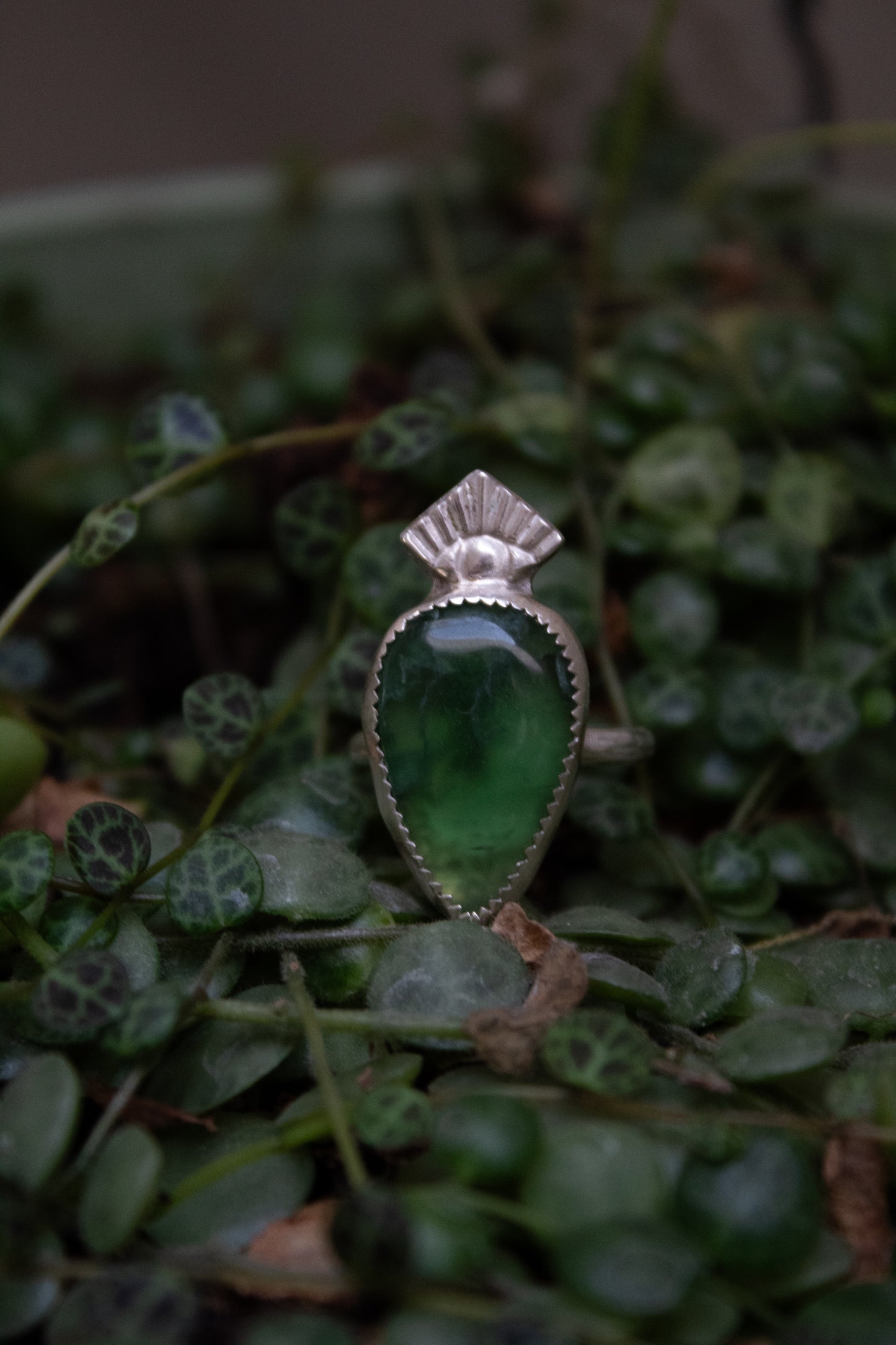 Sterling Silver Green Agate Ring - Size 7.25