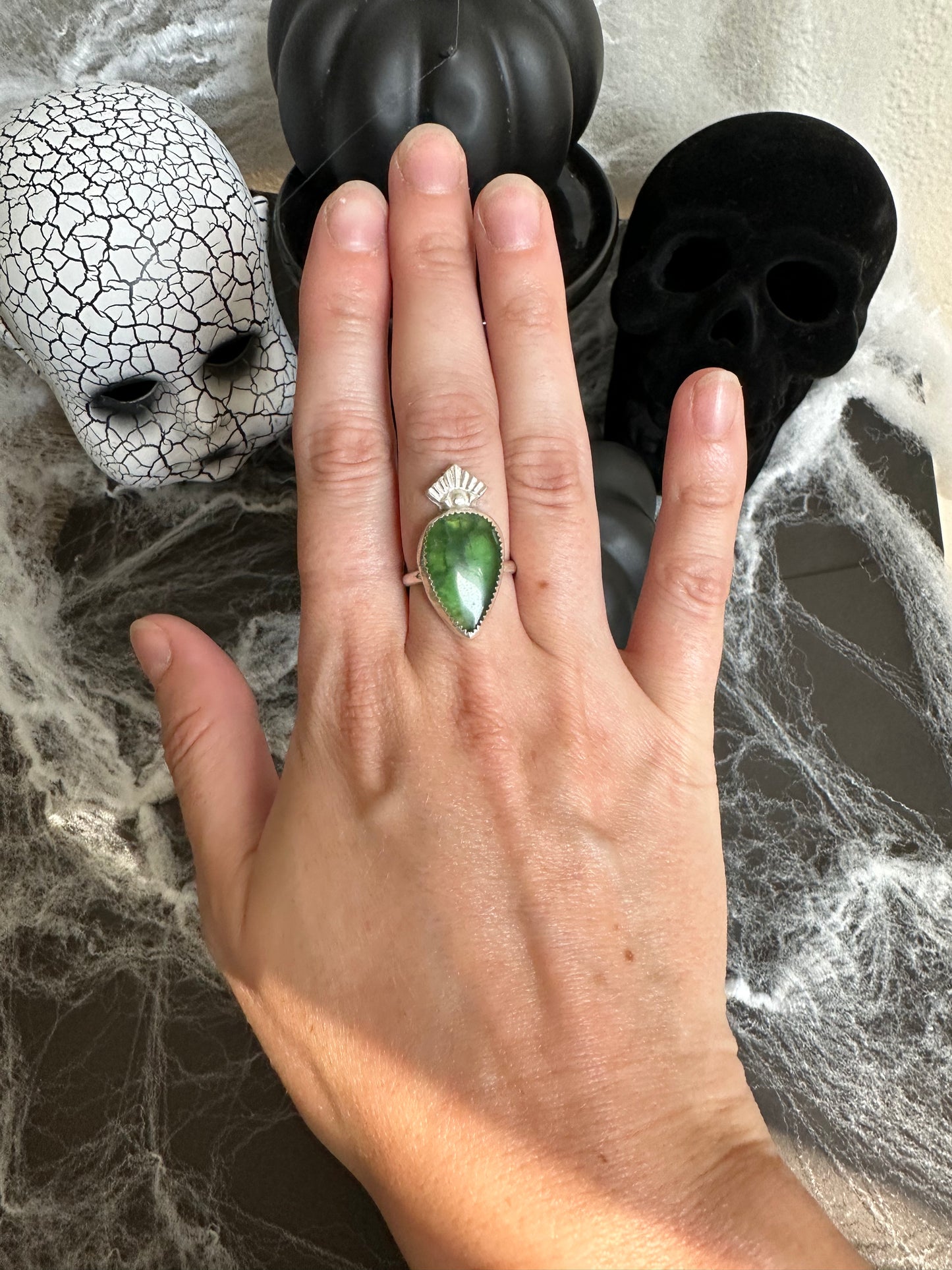 Sterling Silver Green Agate Ring - Size 7.25