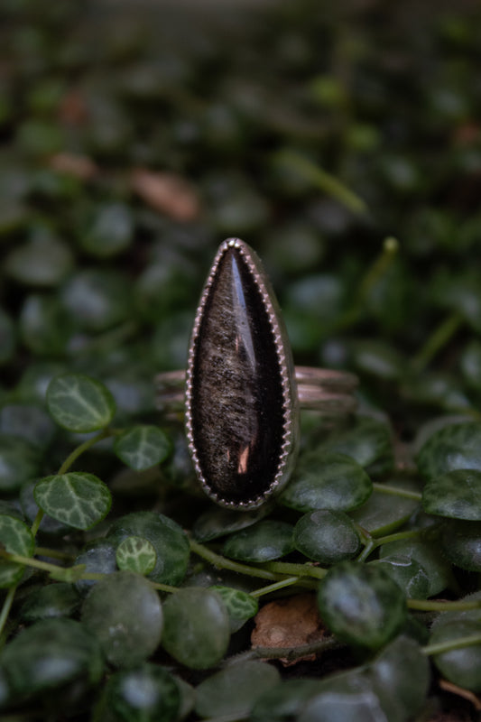 The Androgynous Ring - Sterling Silver and Gold Sheen Obsidian - Size 9