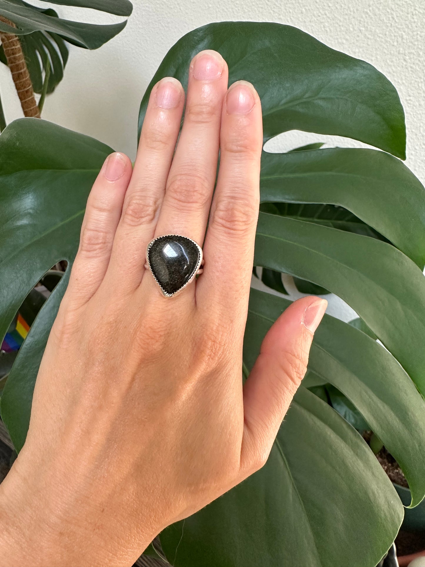 Sterling Silver Gold Sheen Obsidian Ring - Size 8