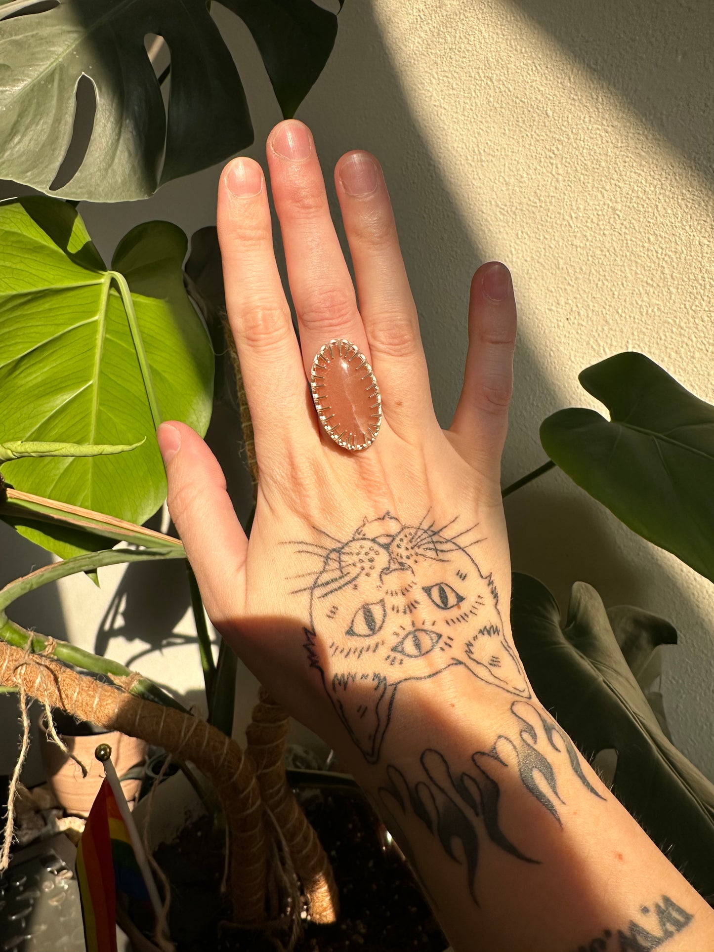 Sterling Silver Peach Moonstone Ring - Size 6